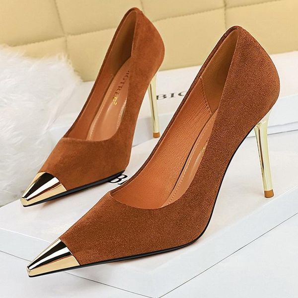 

dress shoes bigtree suede woman pumps metal pointed toe high heels party stiletto 7 cm 9.5 heeled lady, Black
