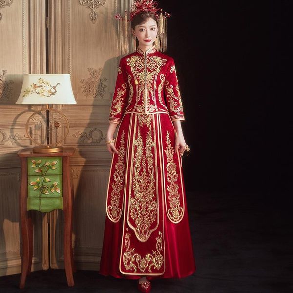 

ethnic clothing exquisite embroidery bride wedding dress vintage cheongsam chinese style marriage suit elegant costume toast, Red