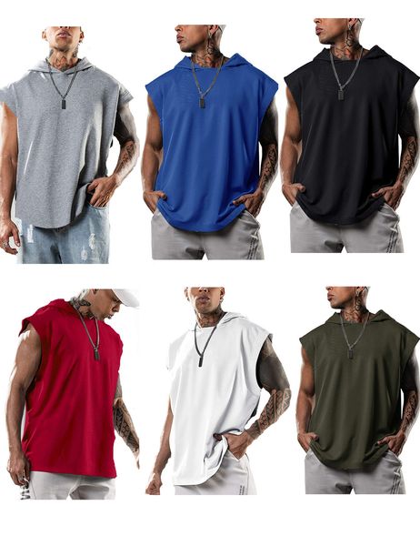 Magliette per le camicie sport da uomo a copertura da gocce con cappuccio con cappuccio senza maniche