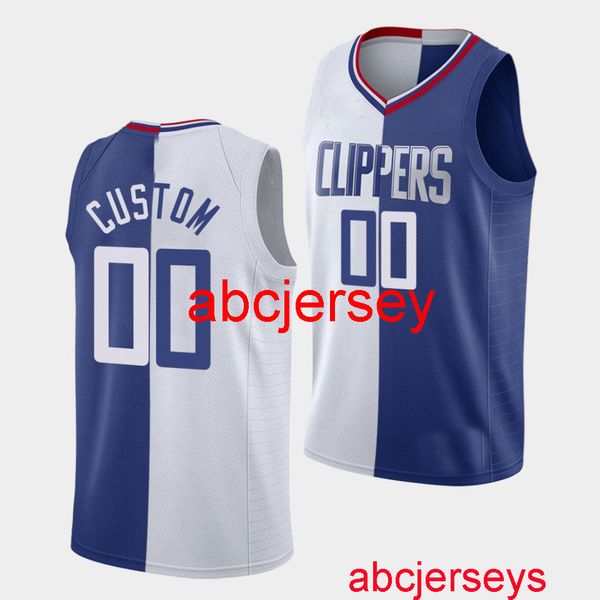 Aufgenähtes Los Angeles Custom #00 Split Association Icon Weiß Blaues Trikot Fügen Sie eine beliebige Namensnummer hinzu