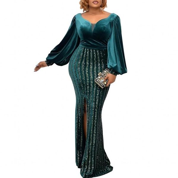 

ethnic clothing african velvet dress women lantern sleeve v neck high waist split robes autumn stick diamond velour party maxi vestido, Red