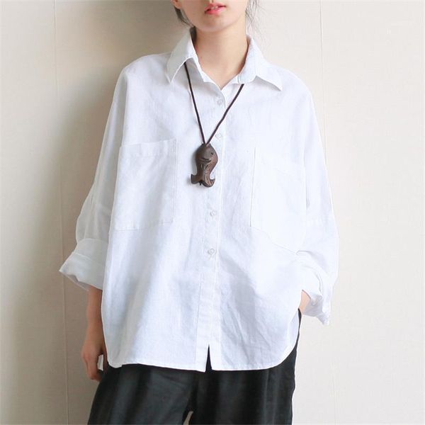 

fairy natural women spring summer 2021 casual loose shirts cotton linen breathable comfortably office ladies blouse pocket women's blou, White