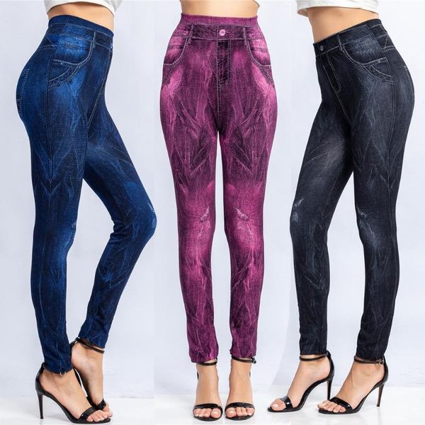 

women fashion leggings lady print wet high waist imitation cowboy trouser pants faux denim hip casual women's & capris, Black;white