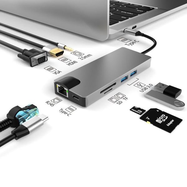 

type-c to (usb3.0*2+*1+pd*1+sd*1+tf*1 +vga*1+rj45*1) c hub multifunctional docking station lapusb 3.0 usbc vga pd la stations