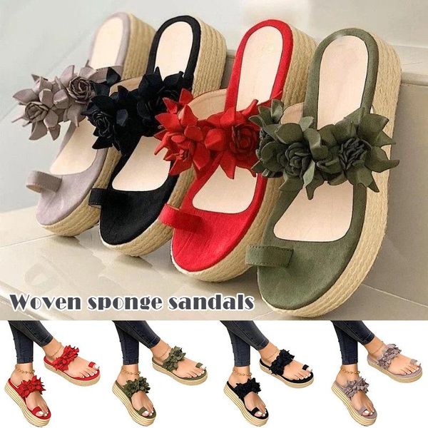 

women casual flower platform sandals slip-on daily beach travel slippers d88, Black
