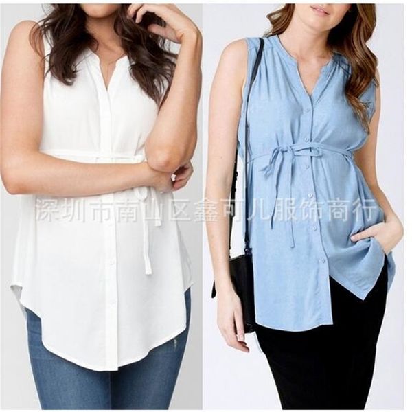 

2019 women's pregnant women's solid color perspective lace up single breasted sleeveless shirt, White