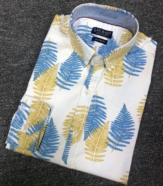

men's casual shirts oxford 3d leaf print 100% cotton shirt male long sleeve men hombre classic british top, White;black