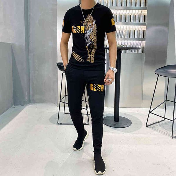 

tracksuits print tracksuit short suit summer fashion drill men's half sleeve two piece set, Gray