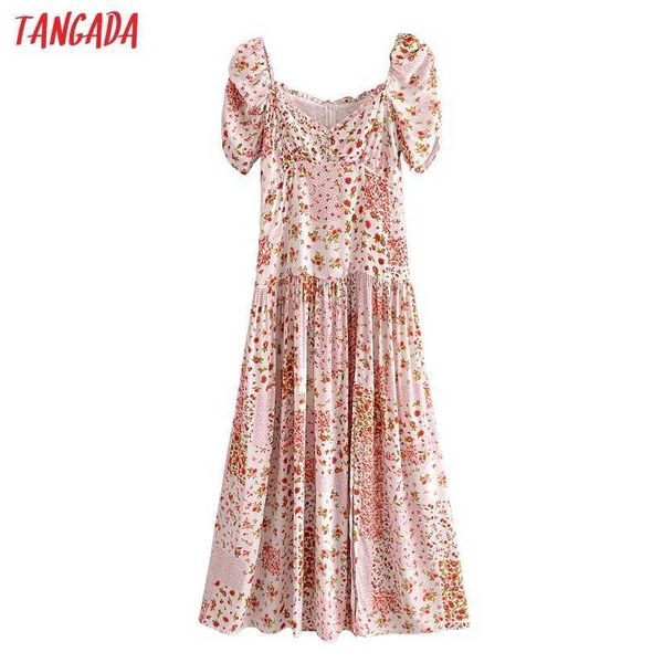 

tangada summer women flowers print french style long dress puff short sleeve zipper ladies sundress 3h341 210609, Black;gray