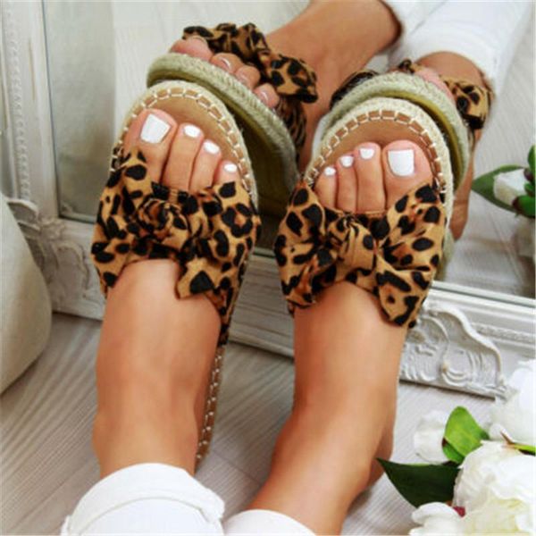 

slippers loozykit 2021 womans slip on sandals bow flat mule leopard linen summer sliders espadrille shoes sizes drop, Black