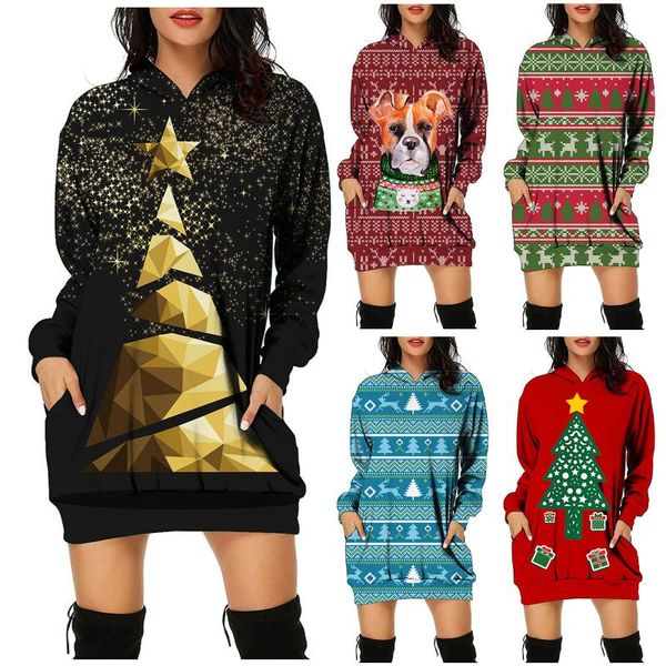 

casual dresses fall winter dress women 2021 fashion christmas print long sleeve hooded streetwear plus size robe noel navidad, Black;gray