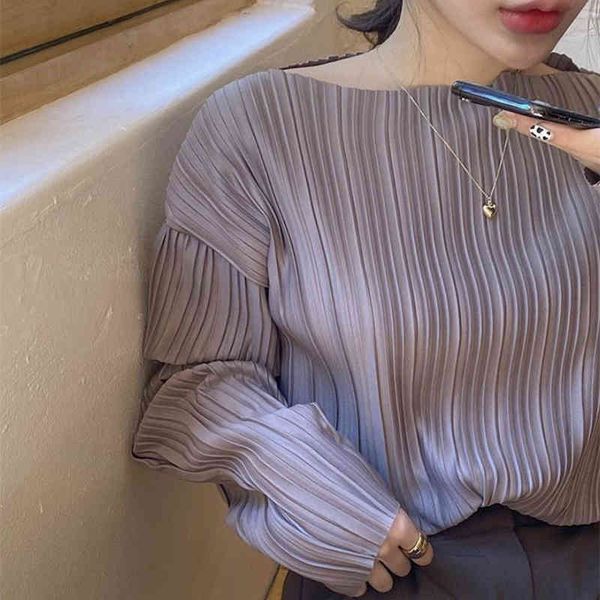 

nomikuma causal o-neck women shirt korean pleated long sleeve blusas femme 2021 autumn chic solid blouses feminimos 6c279, White