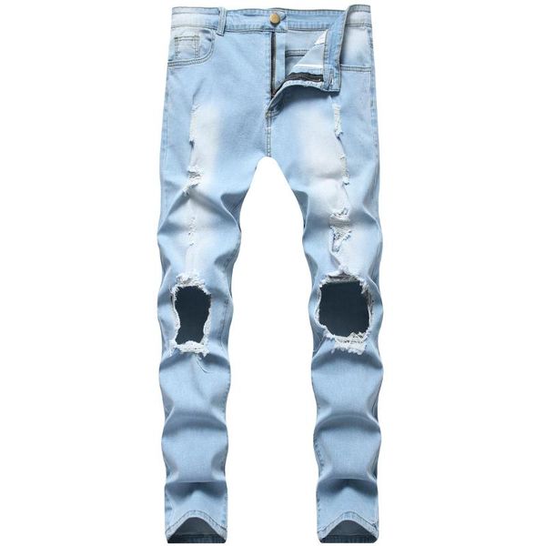 

slim-fit denim trousers with small feet for teenagers worn out men's fashion personality big ripped jeans men clothing, Blue