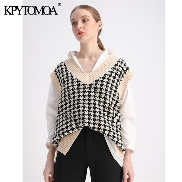 

women fashion oversized houndstooth knitted vest sweater vintage sleeveless side vents female waistcoat chic 210420, Black;white