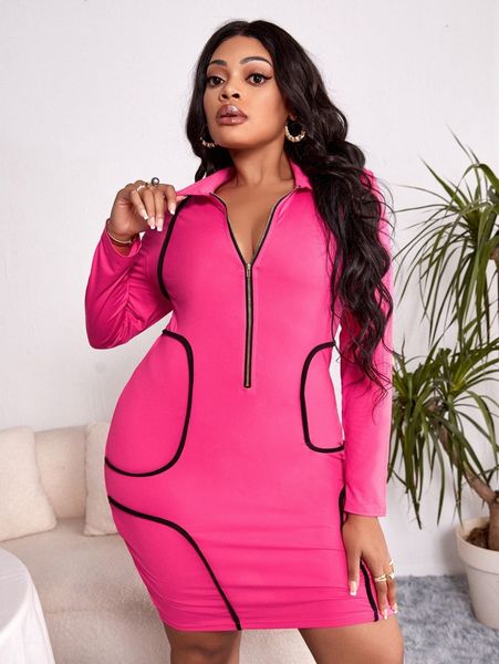 

sxy plus contrast binding half zip bodycon dress z9fu#, Black