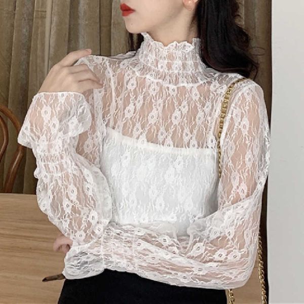 

women's two piece pants pants elegant lace shirts ladies casual flare sleeve turtleneck blouse and women spring korean style basic shi, White