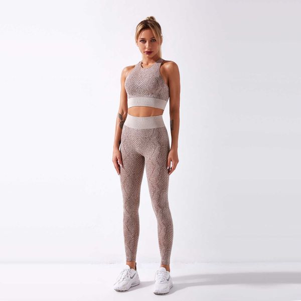 Yılan Desen Spor Spor Seti Kadınlar Dikişsiz Sutyen + Yüksek Bel Spor Legging 2 Parça Sportwear Egzersiz Tankları Spor Kıyafet Setleri Y0625