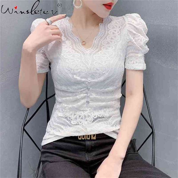 

summer european clothes cotton t-shirt fashion v-neck button drape lace women slim bottoming shirt tees t13701a 210421, White