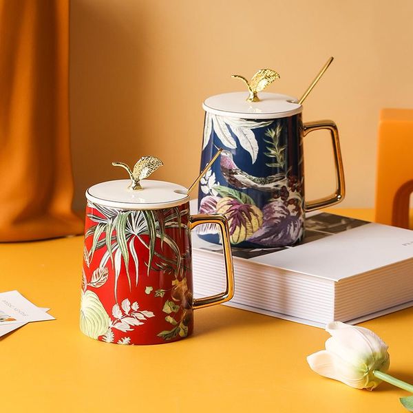 

mugs ceramics mug light luxury creative personality trendy water cup household ceramic coffee with lid and spoon wedding gift