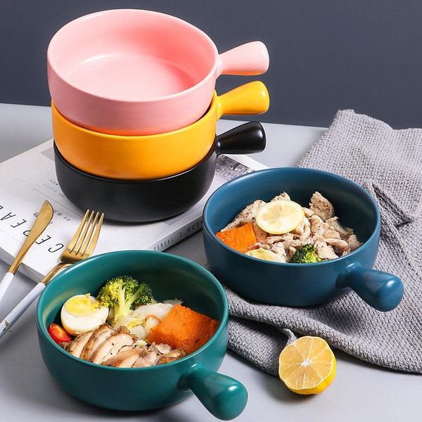 

nordic style matte ceramic salad bowl with handle ice cream desserts soup bowls porcelain round baking oven safe