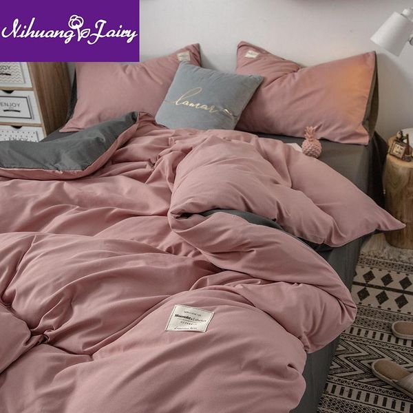 

bedding sets simple solid color four-piece quilt cover nordic style student dormitory single three-piece japanese pink