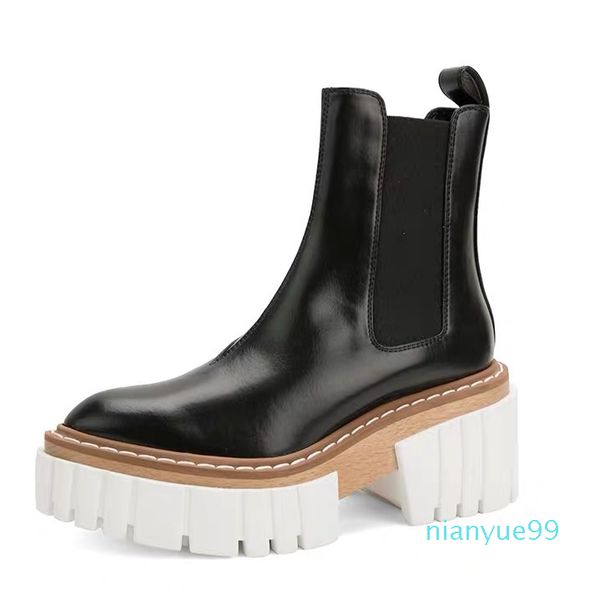 

2021 style sheepskin leather cowskin platform ankle boots booties casual party dress shoes round toe 6.5cm heels mix colour black white