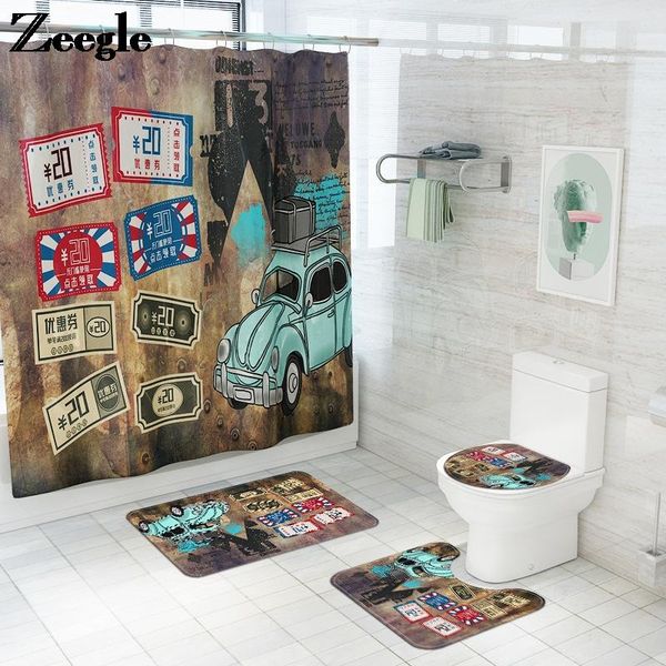 

bathroom decor carpet rug polyester waterproof shower curtain and bath mat set anti-slip floor absorbent u-shaped toilet mats