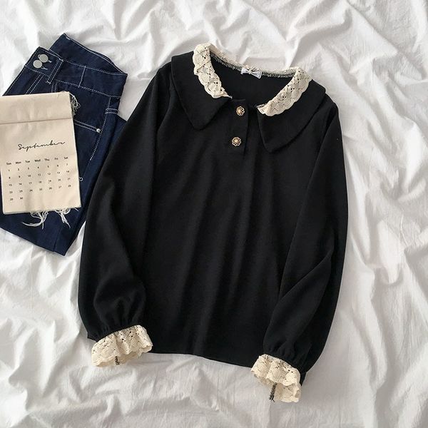 

ezgaga patchwork sweater women thin fake two peter pan collar loose button lace ladies pullover sweet korean black fashion 210430, White;black