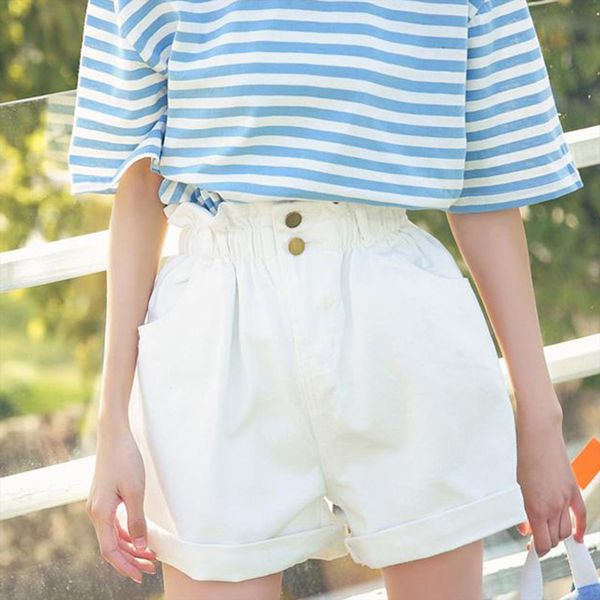 

flower bud elastic waist denim women short high wide leg stretch 40, White;black