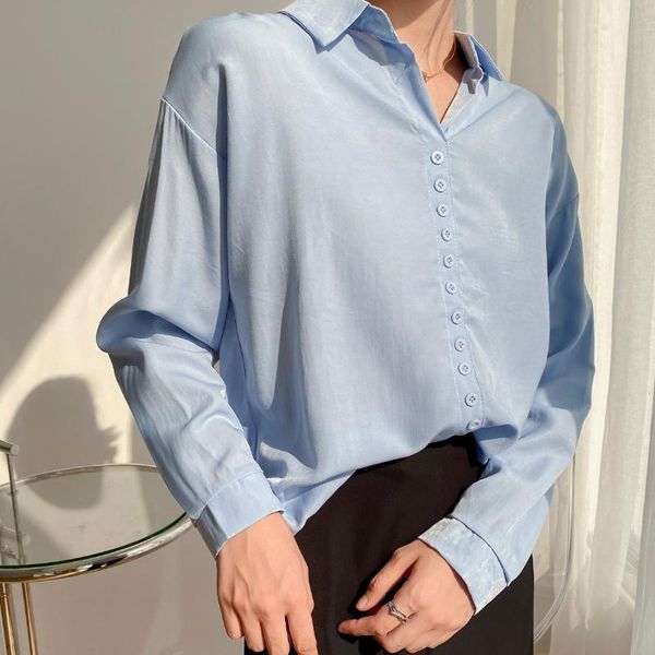 

women solid button chiffon blouse office lady blue shirt elegance turn-down collar long sleeve korean style t9125 women's blouses & sh, White