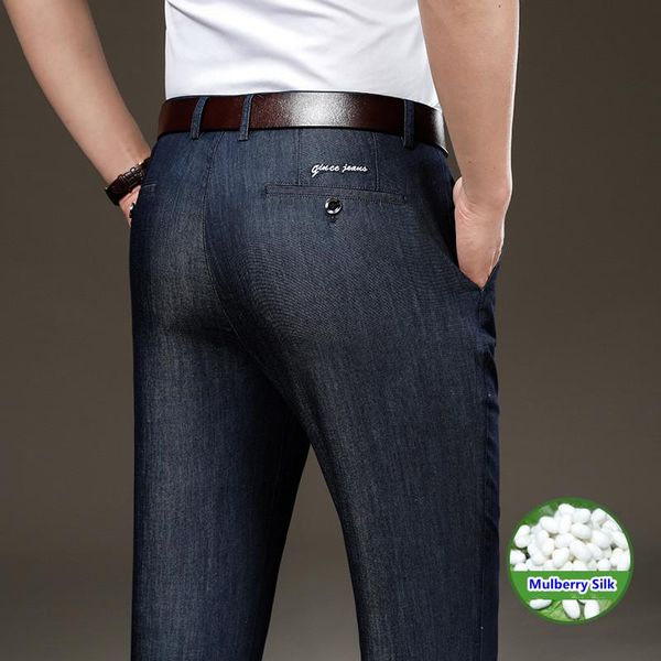 

brand casual men spring summer real silk lyocell fabric jeans denim mens business straight fit thin trousers large size 40 42 men's, Blue