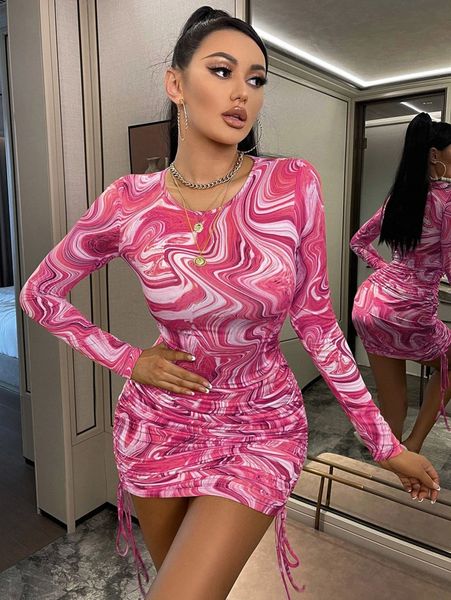 

marble print drawstring side bodycon dress j2ip#, Black;gray