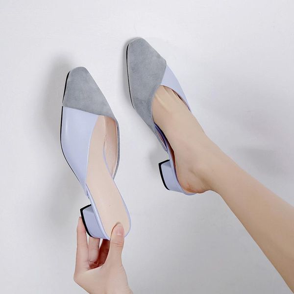 

dress shoes ymechic 2021 chunky block heel womens pu flock patchwork medium heels mules blue black summer women pumps slipper big size