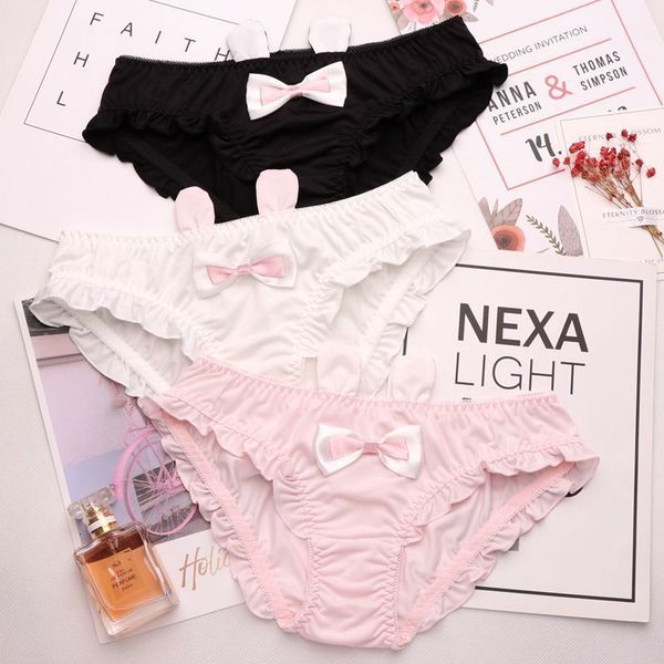 

sp&city lolita girls cute bow cotton underwear women ruffle seamless panties solid rabbit ears briefs cartoon lingerie student, Black;pink