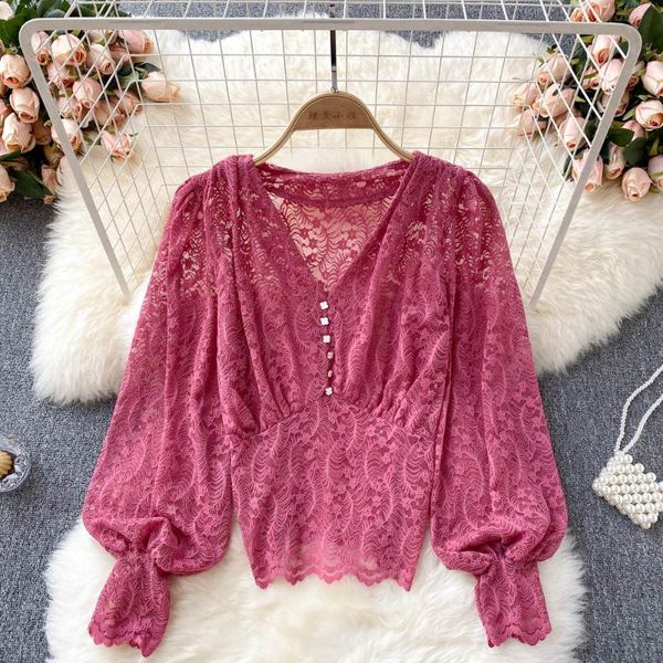 

women's blouses & shirts autumn women red/green/black lace blouse female v-neck lantern long sleeve short party blusas elegant 2021, White