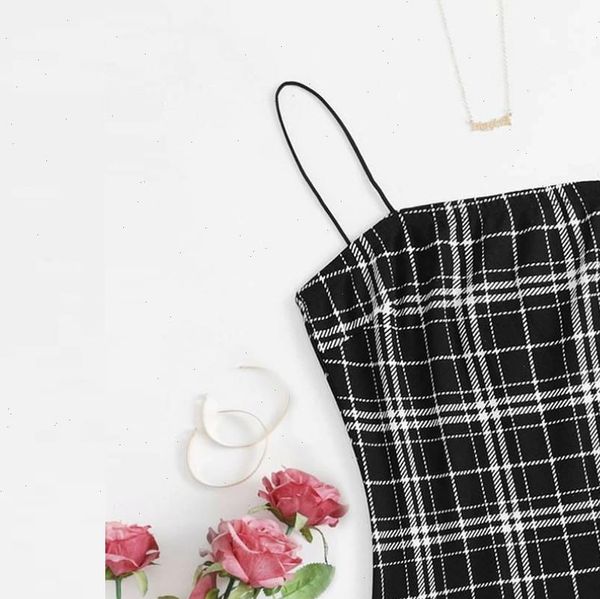 

40 womens dress bodycon party mini sleeveless plaid print slip sling spaghetti strap straigh cami vestidos, Black;gray