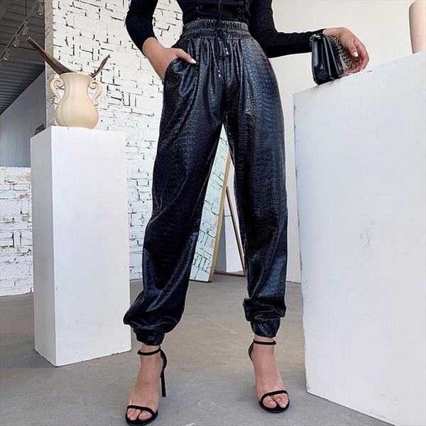 

harem pantstrousers faux leather loose women pants jogger mujer black high street elastic waist casual combat streetwear long trouser, Black;white