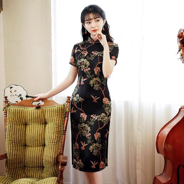 

ethnic clothing lady black satin chinese dress elegant print flower cheongsam vintage button oversize 3xl qipao summer party vestidos g, Red
