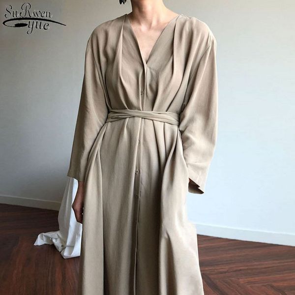 

long dress women spring summer es lace up casual buttons fashionable v-neck vintage oversize 13205 210427, Black;gray