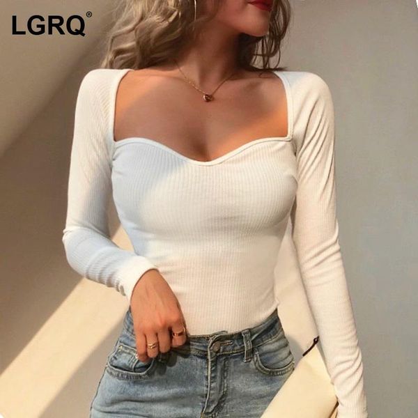 

[lgrq] women white streetwear breast warp skinny t-shirt arrivls square neck long sleeve tide spring summer 2021 19d258 women's