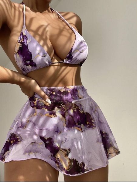 

women's swimwear 3 piece bikini set +skirt high waist bikinis swimsuits push up marble print halter bathing suit brazilian biquini, White;black