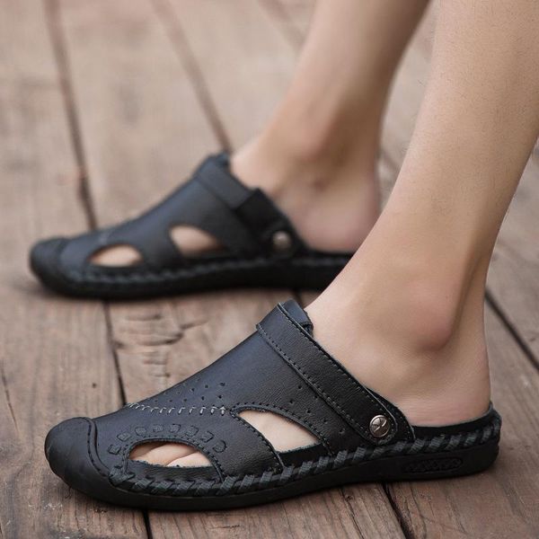 

sandals soft genuine leather men's handmade sewing classic roman comfortable casual shoes summer outdoor beach man sandal, Black