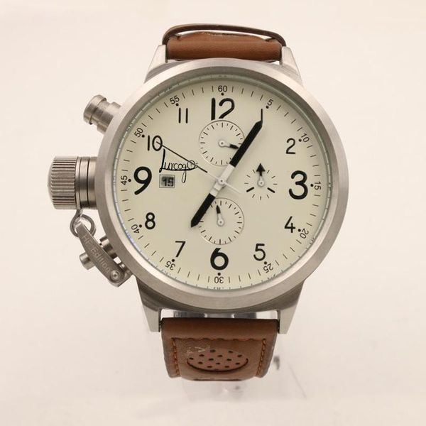 

wristwatches 50mm big size men luxury watch u style automatic self wind mechanical luminous leather strap boat, Slivery;brown