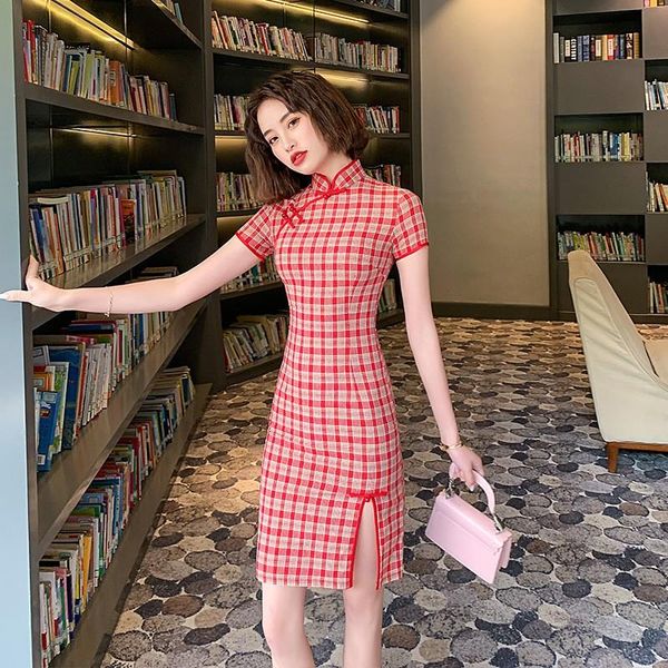 

ethnic clothing split women cheongsam slim plaid chinese dress mandarin collar daily vintage female qipao short sleeve formal, Red