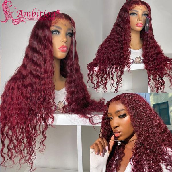 

lace wigs ambition remy 99j human hair glueless front 13x6 180% density burgundy curly bleached knots, Black;brown