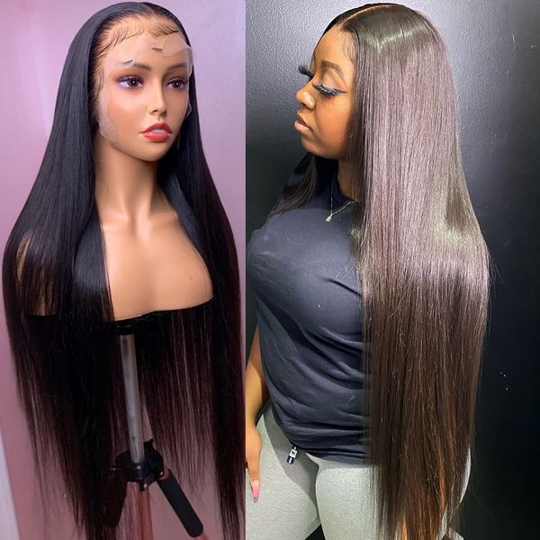 

long straight full lace front brazilian human hair wigs 28 30 inch synthetic closure frontal wig for women, Black