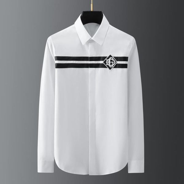 

men's casual shirts 2021 badge embroidery mens long sleeve striped slim business dress men clothing social, White;black