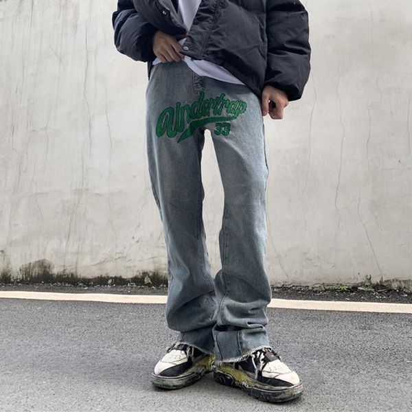 

men's jeans high street letter embroidery washed distressed men and women retro casual micro-flared pants hip hop loose denim trousers, Blue