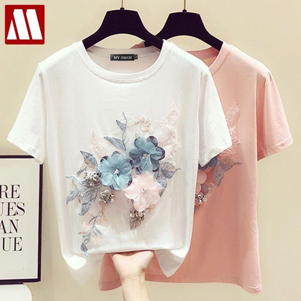 

women's t-shirt 2021 summer lady embroidery beading flower tshirt woman o neck short sleeve undershirt girl t-shirts women floral tee, White