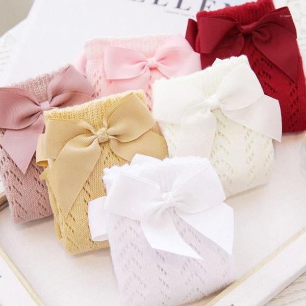 

pair 1-5 years old baby knee socks plain weave non-slip pure cotton girls high bow for gifts pography props, Pink;yellow